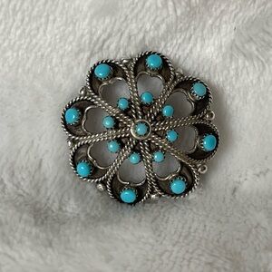 Vintage Zuni Native American 925 Silver Turquoise Pendant Brooch  Necklace